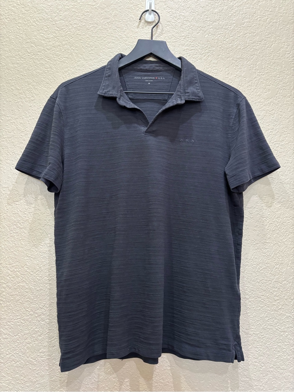 John Varvatos Star USA Black Slub Knit Soft Collar 3 Star Polo Shirt M Charcoal